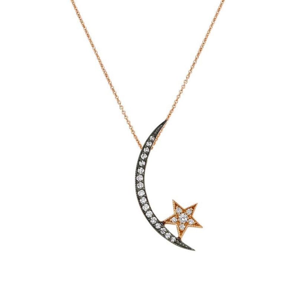 14K Rose Gold Diamond Moon and Star Necklace